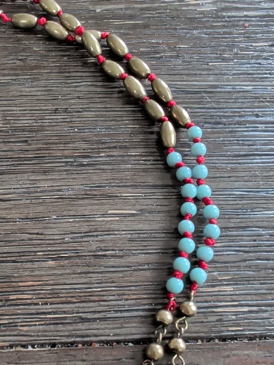 Boho Red Tassel Necklace with Turquoise Beaded Chain - Picture 4 of 5